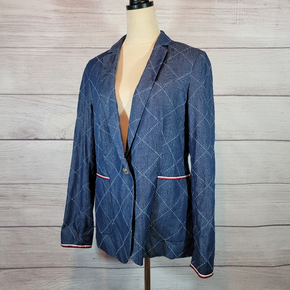 Tommy Hilfiger Diamond Long Sleeve Chambray Statement Blazer Blue Size 12 - Picture 7 of 8